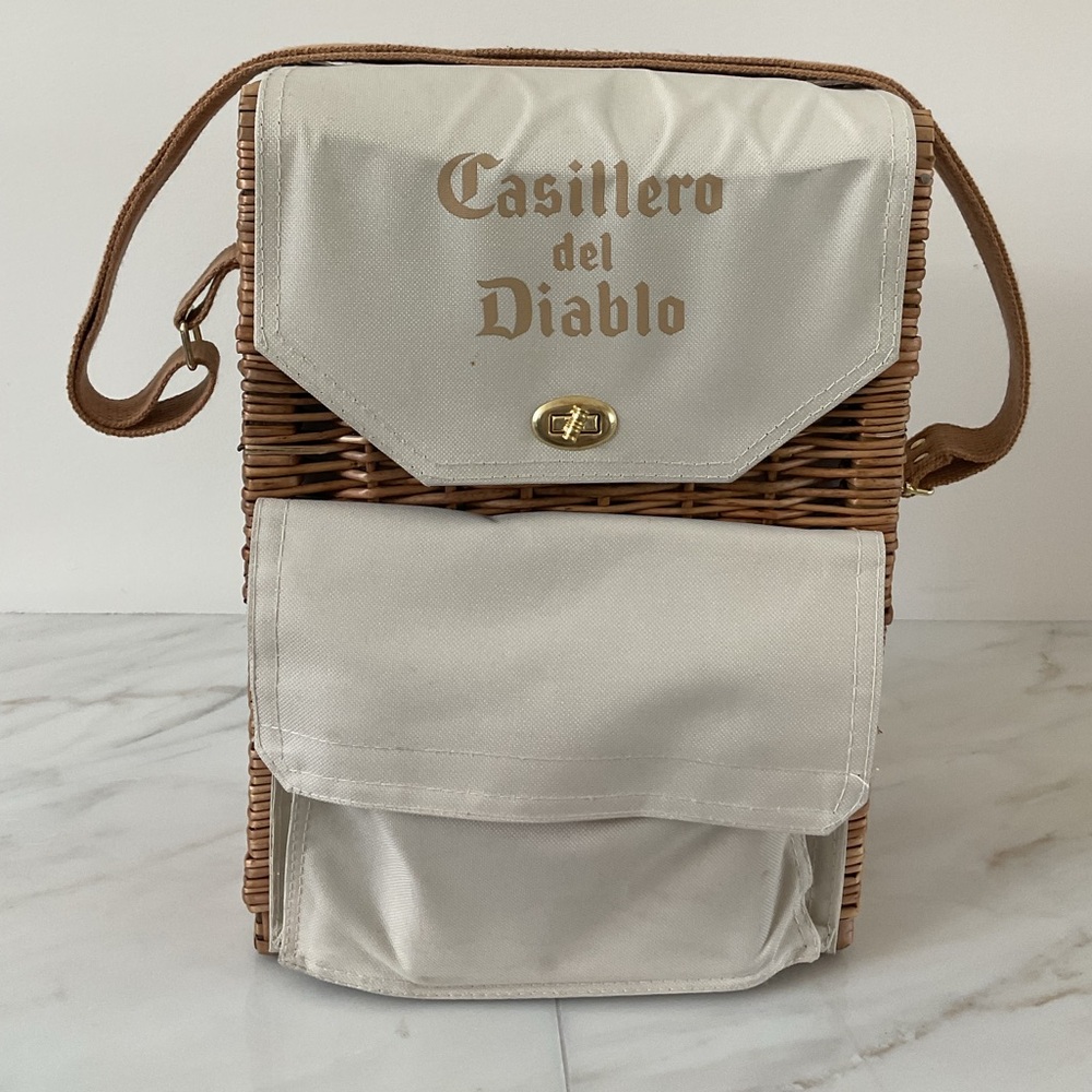 Tan and Cream Wicker & Cloth Wine & Charcuterie,Set Bag.